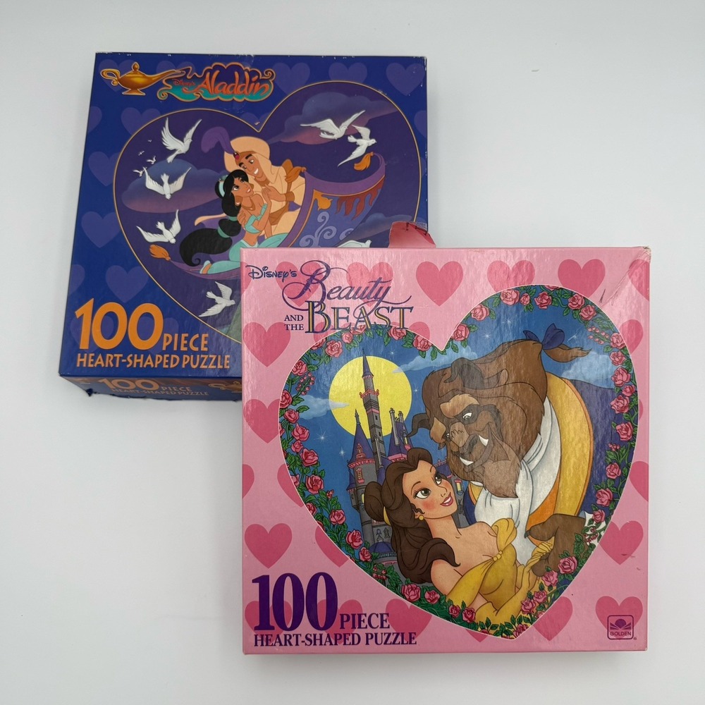 VTG Golden Disney Beauty Beast Puzzle Belle Aladdin  Heart Shaped 100 Pieces Toy